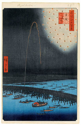 Fireworks, Ryōgoku Bridge (Ryōgoku hanabi), from the series One Hundred Views of Famous Places of Edo (Meisho Edo hyakkei)