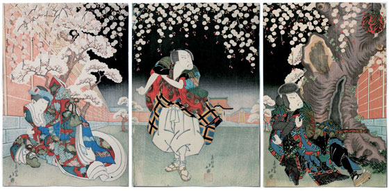 Ichikawa Ebijūrō II as Ki no Haseo, Nakamura Utaemon III as Kujaku Saburō and Fujikawa Tomokichi II as Kōbai hime, in the Kabuki Play Tenmangū aiju no meiboku