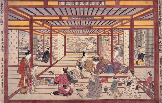Large Perspective Picture of a Second-floor Parlor in the New Yoshiwara, Looking Toward the Embankment