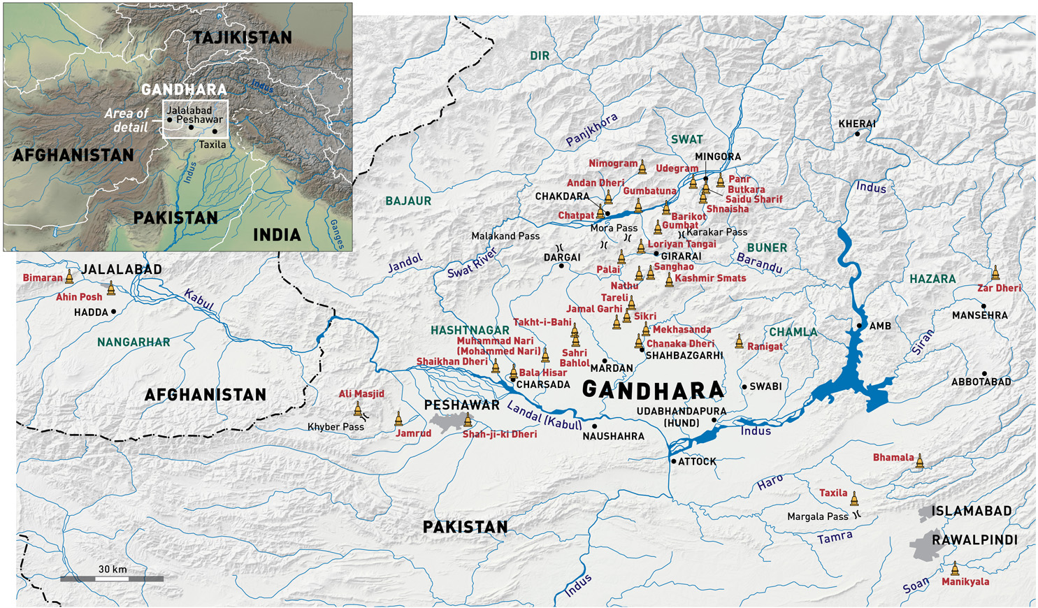 Map showing Gandhara and Swat, with archeological mountain sites in Swat valley North of Gandhara