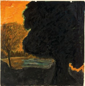 Untitled (Landscape: large dark tree silhouetted against orange sky)