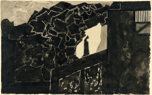 Untitled (Architectural setting with a silhouetted figure)