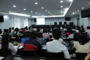 Dr. Astrid Tuminez giving a lecture to students at Ton Duc Thang University in Ho Chi Minh City.